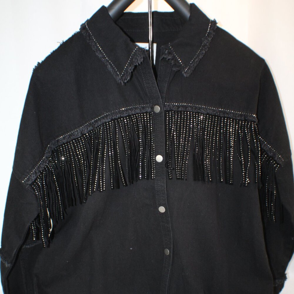 ZARA Womens Black Denim Raw Hem Jacket Jewel Trim Rhinestone Fringe Size Large